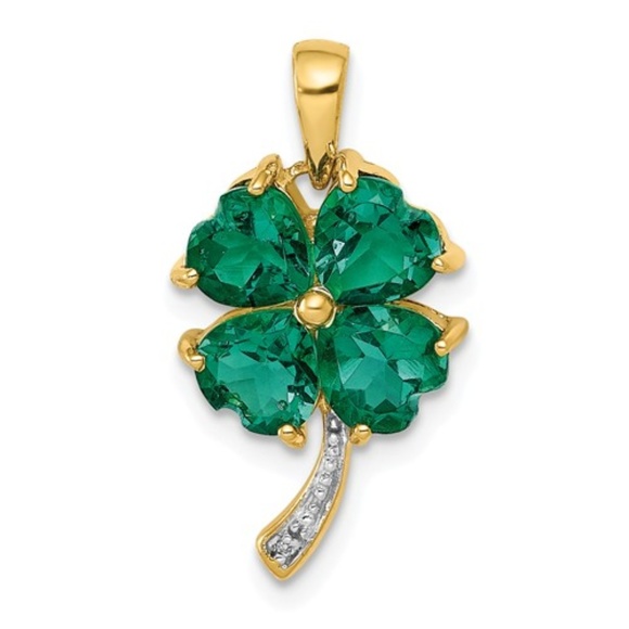14k Yellow Gold Created Green Emerald & Diamond 4-leaf clover Pendant w Chain - Picture 2 of 7